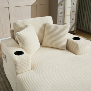 English Elm [New]Corduroy Chaise Lounge Sofa with Cup Holders,Detachable Cushions,Deep SeatMagazine Bag Beige W2120P322752
