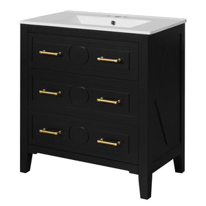 English Elm 60'' Elegant Black Bathroom Vanity Set With Ceramic Sink, 6 Drawers, Solid Wood Frame & Storage N710SS00003B