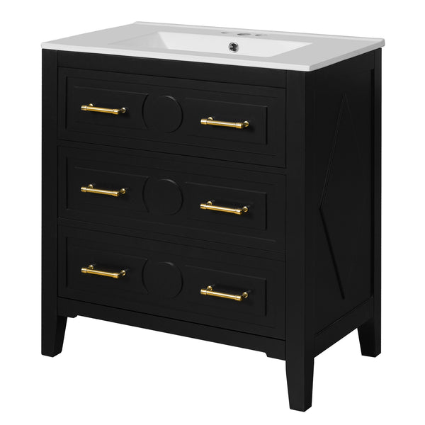 English Elm 60'' Elegant Black Bathroom Vanity Set With Ceramic Sink, 6 Drawers, Solid Wood Frame & Storage N710SS00003B