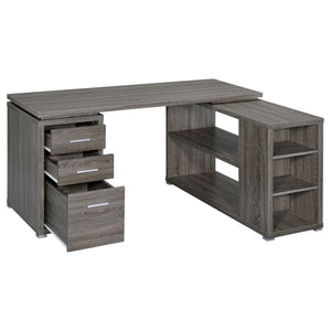 English Elm Tona Weathered Grey L-Shape Desk with 3 Drawers & 5 Shelves, Rustic Distressed Finish for Compact Offices B062P333441