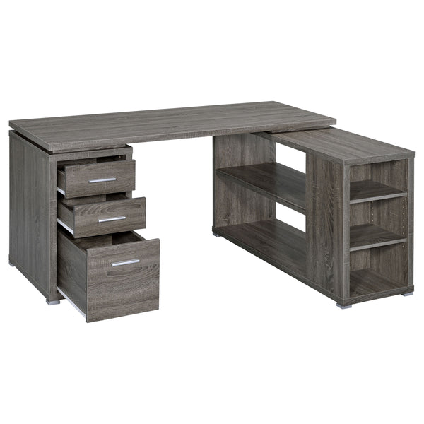 English Elm Tona Weathered Grey L-Shape Desk with 3 Drawers & 5 Shelves, Rustic Distressed Finish for Compact Offices B062P333441