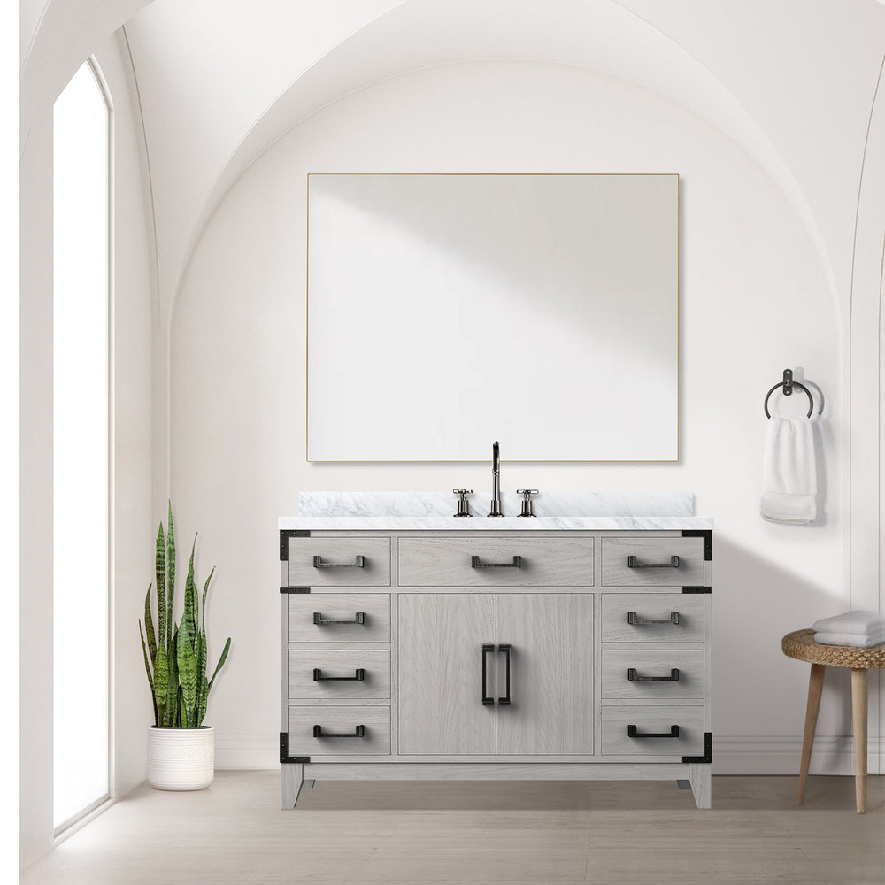 English Elm White Oak Single Bath Vanity 48" W x 22" D with Polished Carrara Marble Top, Chrome Faucet & 46" Mirror B2731S02017