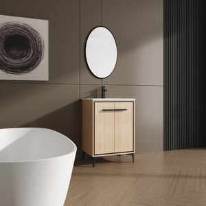 English Elm 24 Inch Oak Bathroom Vanity Base with Basin — Engineered Wood, Double-Door Storage, Minimalist Chic W1972S00003