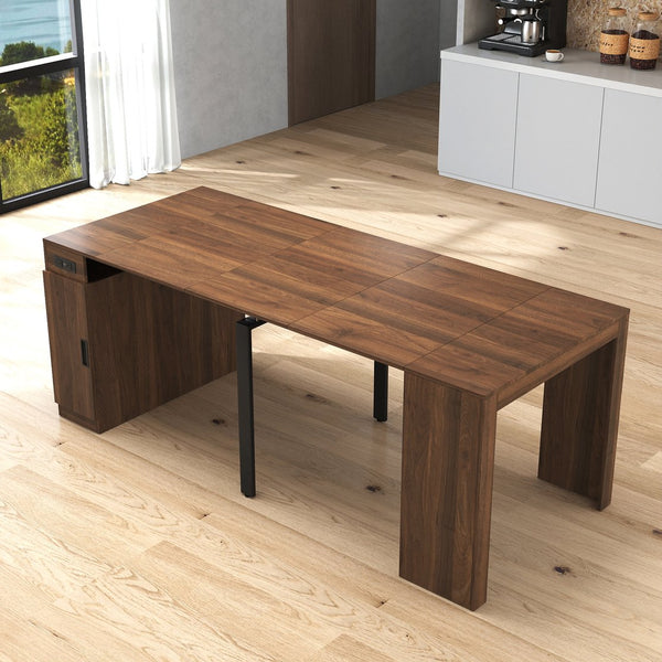 English Elm Modern Extendable Dining Table with Built-In Outlet, USB Ports & Storage, Space-Saving Console to 118" Walnut W331S00191