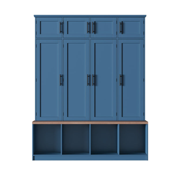 English Elm Farmhouse Hall Tree with Triple Arch Back Panel Eight Hooks Drawers and Entryway Bench Blue N721S000059C-1
