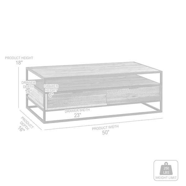 English Elm Ulera Acacia Rectangle Coffee Table with Shelf, Black Metal Frame, Durable Weatherproof Hardwood Finish B2736P354394