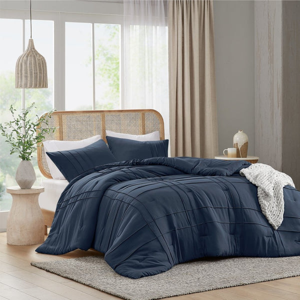 English Elm 3-piece Cal King Pintuck Pleated Microfiber Comforter Set Soft Washed Tailored Bedding Navy B035P463227