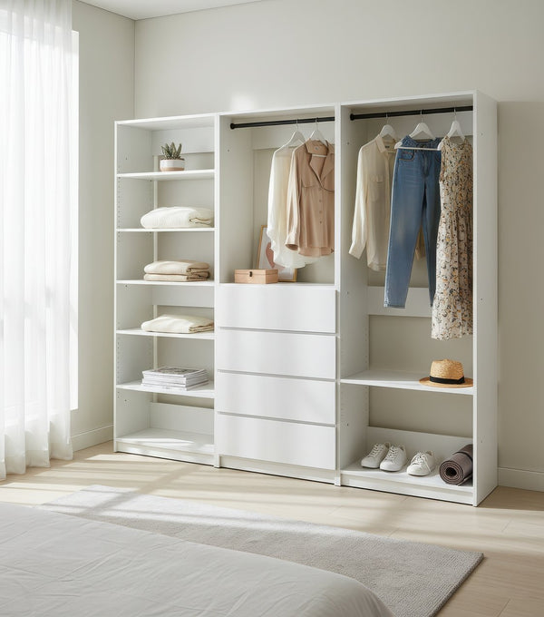 English Elm Prosper White Freestanding Walk-In Wood Closet System – Modular Melamine Oak Finish, Durable Storage Craftsmanship B040S00149
