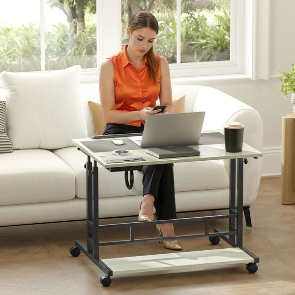 English Elm Homcom Rolling Standing Desk with Power Outlets Usb Ports Tiltable Oak Home Office W2225P485619