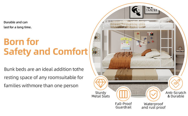 English Elm Durable Iron Bunk Bed With Trundle And Safety Rails, Modern Design For Kids & Guests, Easy Assembly W1935P360863