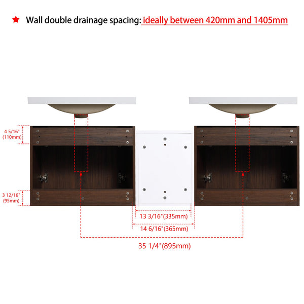 English Elm 60 Inch Wall Mounted Vanity with Dual Resin Sinks, Soft Close Doors, Metal Handles & Shelves Durable Finish California Walnut W999S00187