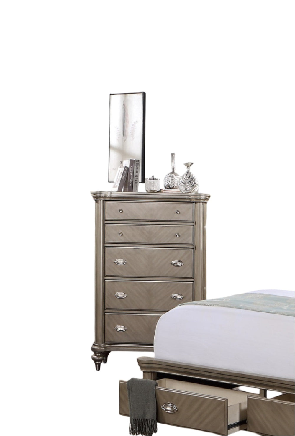 English Elm Luxury Classic 5-Drawer Chest of Drawers 38x19x56" Antique Silver Champagne Finish Bedroom Glam Storage B011P211032