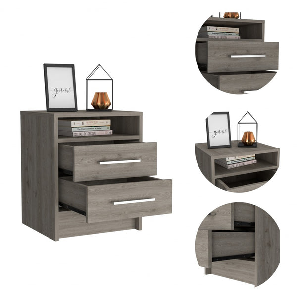Homeroots Light Grey Open Compartment Two Drawer Nightstand   438332