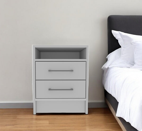 HomeRoots 20" Stylish Two Drawer Nightstand - Versatile Storage Solutions for Compact Spaces with Open Shelf 438333