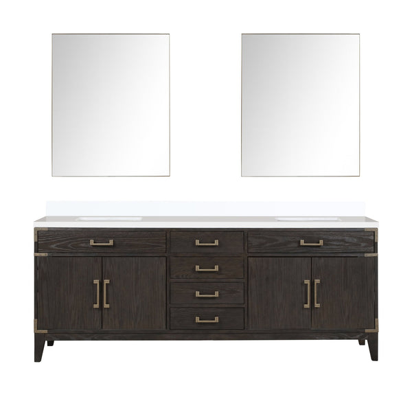 English Elm Brown Oak Double Bath Vanity Set With Cultured Marble Top & 36" Mirrors | Stylish Storage Solution B2731S01624