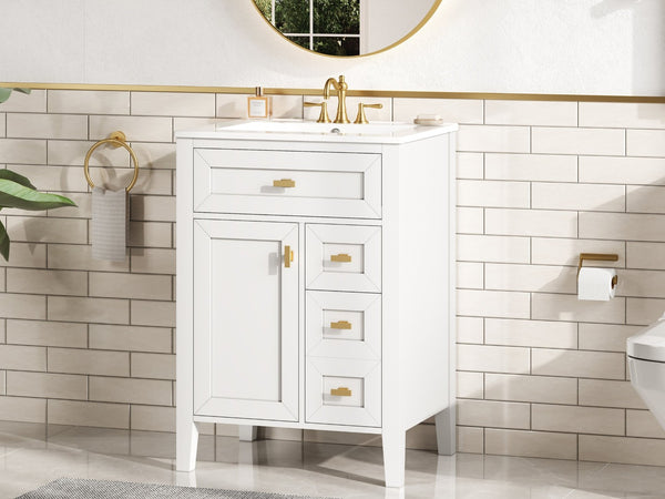 English Elm "24'' 24 Inch Glossy Freestanding Bathroom Vanity with Gold Hardware and Soft Close Storage White Rubberwood N725P448529K