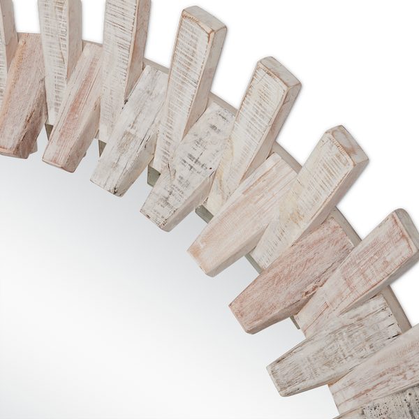 Diza Round Mirror - Bohemian Whitewashed Decor with Textured Wood and Unique Depth for Stylish Spaces