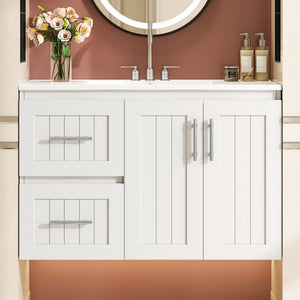 English Elm 36'' Wall Mounted Bathroom Vanity with Ceramic Sink, Solid Wood & MDF Floating Cabinet with Drawers White N710P293299K