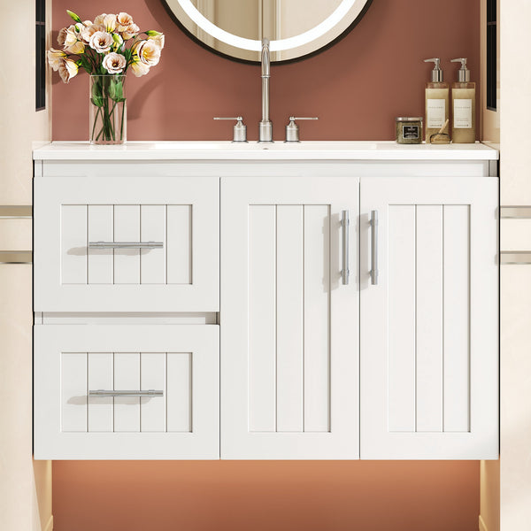 English Elm 36'' Wall Mounted Bathroom Vanity with Ceramic Sink, Solid Wood & MDF Floating Cabinet with Drawers White N710P293299K
