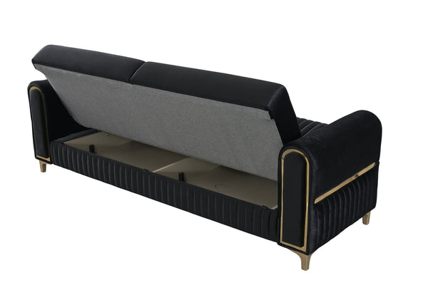 English Elm Melody Velvet Upholstered Sleeper Sofa with Gold Accents, Vertical Channel Tufting, Modern Convertible 92" Black B009S01832