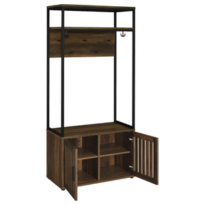 English Elm Flora Transitional Hall Tree with Seven Hooks Cabinet Shelves and Dark Pine Metal Frame B062P452017
