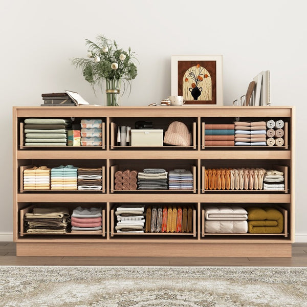 English Elm 9 Drawer Mid Century Wood Dresser Low Profile Matte Finish Bedroom Storage Cabinet Natural W409S00012