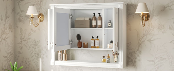 English Elm 35inch White Wall Mounted Medicine Cabinet Mirrored Doors Open Shelving Bathroom Storage N710P415335K