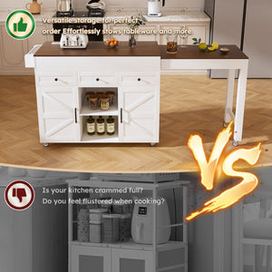 English Elm 74.8" Rolling Kitchen Island Extendable Marble Veneer Top with Power Outlet and Storage W2700S00105