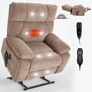 English Elm Beige Chenille Power Lift Recliner Dual Motor Massage Heat 350 Lb Capacity Brown W1803P264024