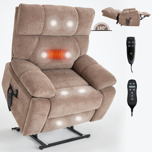 English Elm Beige Chenille Power Lift Recliner Dual Motor Massage Heat 350 Lb Capacity Brown W1803P264024