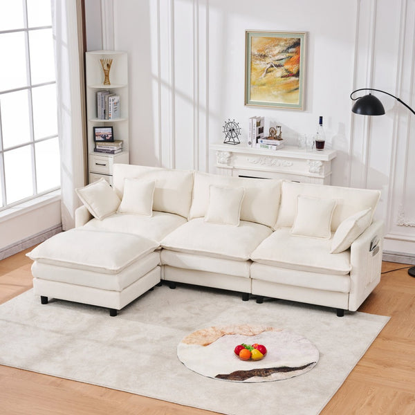 English Elm 101.9-inch Chenille Modular Sofa with Movable Footstool for Living Room Comfort Beige W288S00031