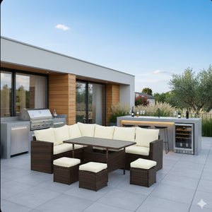 English Elm 7 Piece Pe Rattan Outdoor Dining Set Seats Nine with Wpc Table and Modular Sofa Beige+Brown B082S00078
