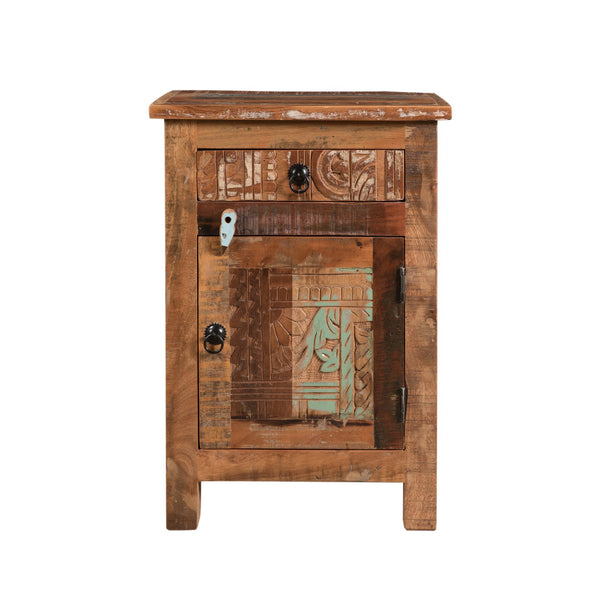 English Elm Christopher Knight Home® - CARVED Recycled Wood Side Table in Natural Finish with Distressed Paint, Drawer & Cabinet Storage 66416.00