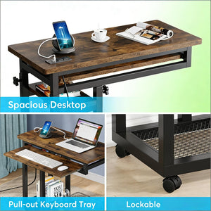English Elm Side Rolling C Table with Adjustable Height Keyboard Tray and Built in Charging Outlet T3971P448106