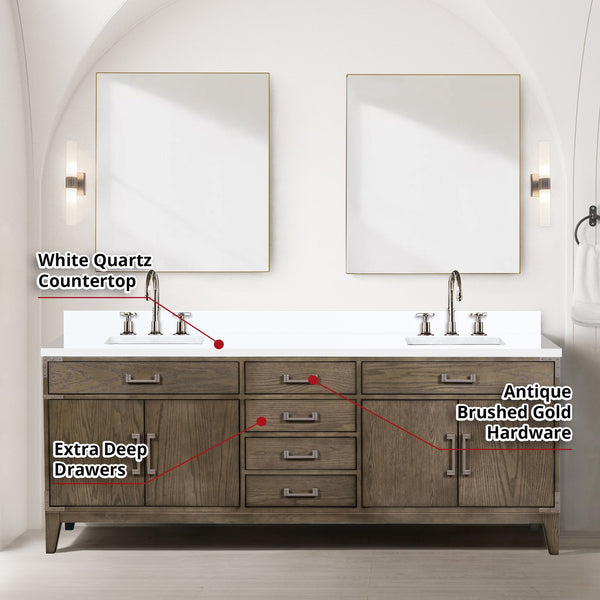 English Elm Grey Oak Double Bath Vanity Set With White Quartz Top, Faucets, And 36" Mirrors For Stylish Bathrooms B2731S01885