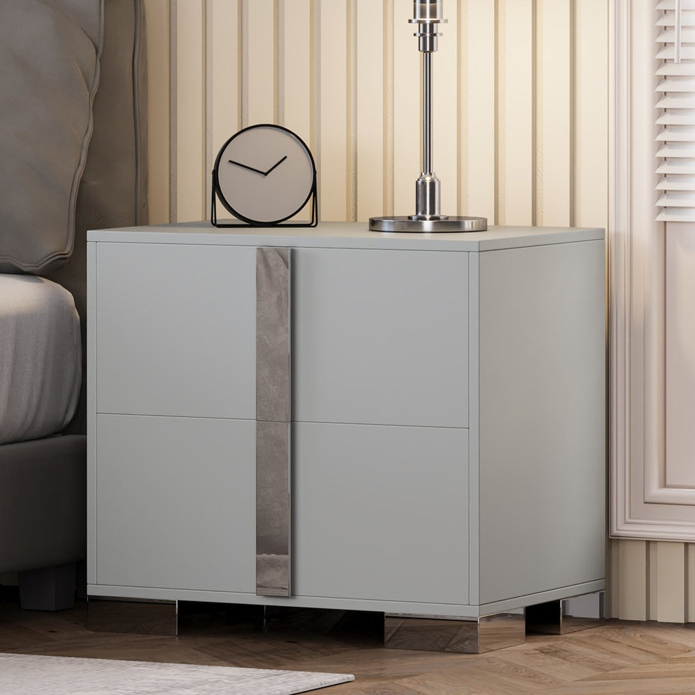 English Elm Modern Two Drawer Nightstand with Slim Metal Legs and Mirrored Bar Handles for Bedroom Grey W5271P416539