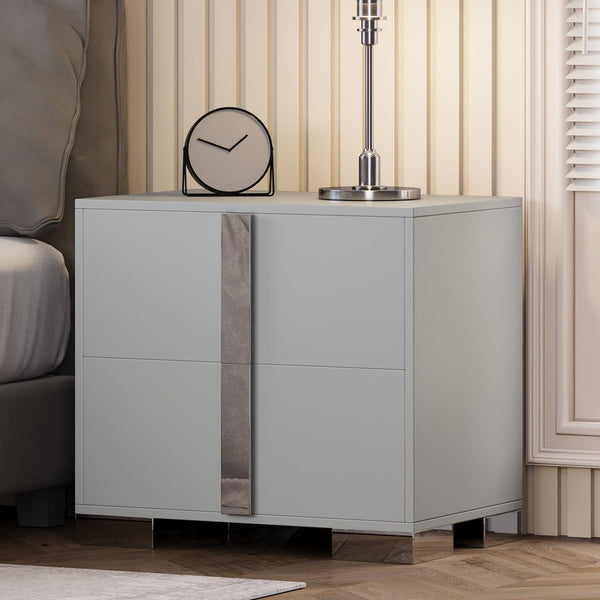 English Elm Modern Two Drawer Nightstand with Slim Metal Legs and Mirrored Bar Handles for Bedroom Grey W5271P416539