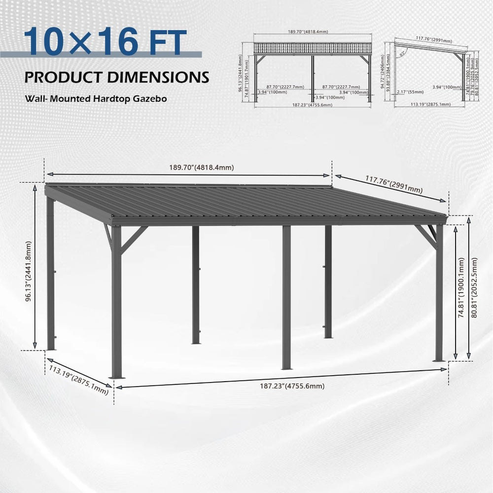 English Elm 10'x16' Wall Mounted Hardtop Gazebo Galvanized Steel Roof Patio Lean to Canopy Grey W1859S00221