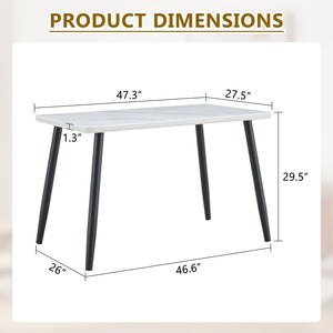 English Elm Modern Marble Look Tempered Glass Dining Table Seats Six with Tapered Black Metal Legs W1151S04621