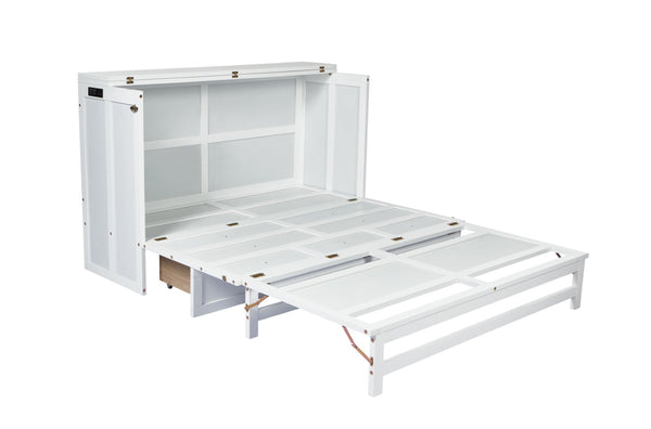 English Elm Murphy Cabinet Queen Bed Solid Pine Frame with Built-in Charging Station for Guest Rooms White W504S00164