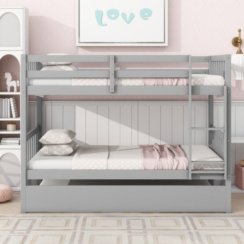English Elm Twin Over Twin Bunk Bed With Trundle - Stylish Grey Rubberwood, Convertible, Safe & Space-Saving! W504S00156-GIGA