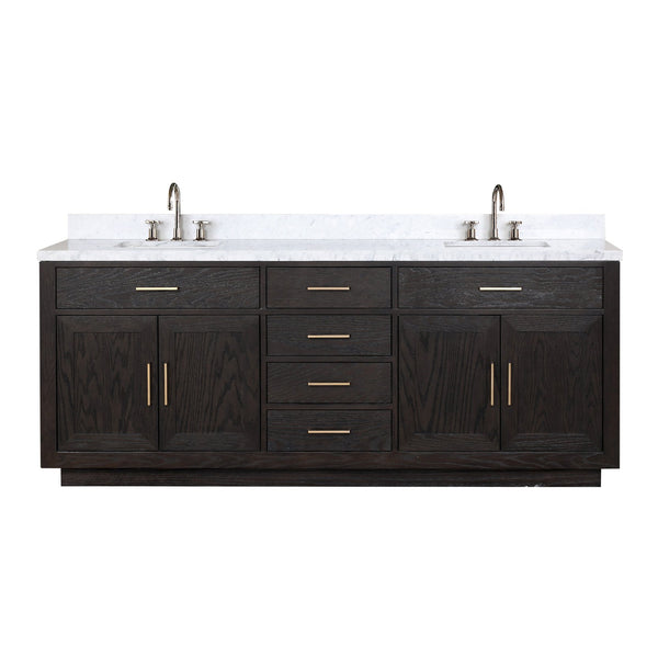 English Elm Abbey 84" Black Oak Double Vanity with Carrara Marble Top, Soft-Close Doors & Chrome Faucets B2731P260877