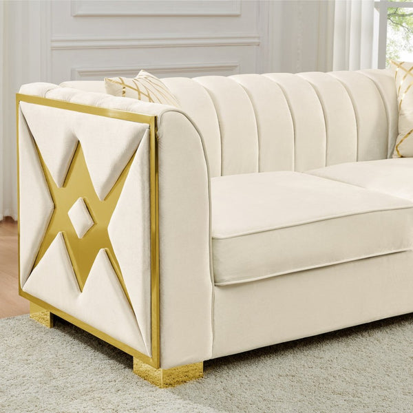 English Elm 81" Tufted Velvet Chesterfield Sofa with Gold Steel Legs for Elegant Living Rooms Beige W1191S00071