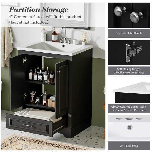 English Elm 24'' Bathroom Vanity with Ceramic Sink Combo Modern Freestanding MDF Cabinet with Soft-Close Doors and Sleek Silver Handles for Spacious Organized Bathroom Storage Black N710P194893B