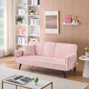 English Elm Minimalist Corduroy Reclining Sofa with Convertible Flat Sleeper and Cup Holder Pink W3356P421779