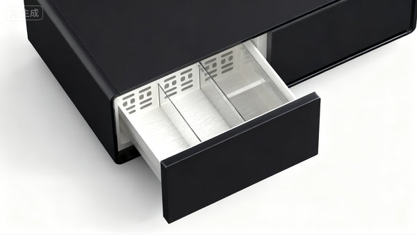 English Elm Modern Coffee Table with Built in Fridge Power Outlets and 135l Cold Storage Black W1172P483602