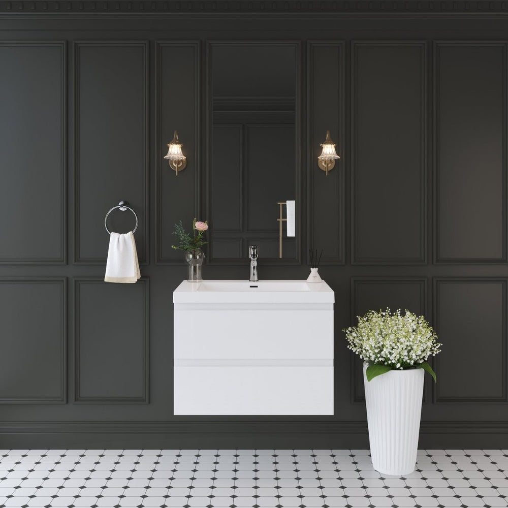 English Elm 30'' Wall Mounted Bathroom Vanity Smoked Walnut Fluted Cabinet Matte Black Basin W1920P385479