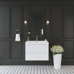English Elm 30'' Wall Mounted Bathroom Vanity Smoked Walnut Fluted Cabinet Matte Black Basin W1920P385479