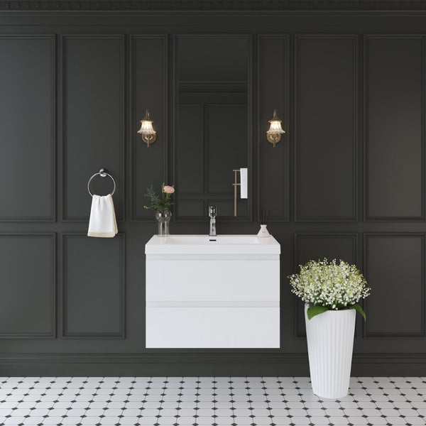English Elm 30'' Wall Mounted Bathroom Vanity Smoked Walnut Fluted Cabinet Matte Black Basin W1920P385479