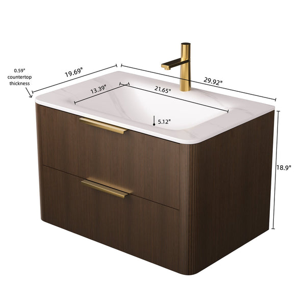 English Elm ZANE Floating Bathroom Vanity 33" with Hot-Press Sintered Stone Basin, Ultra-Slim Plywood Drawers, Walnut W2615P364801